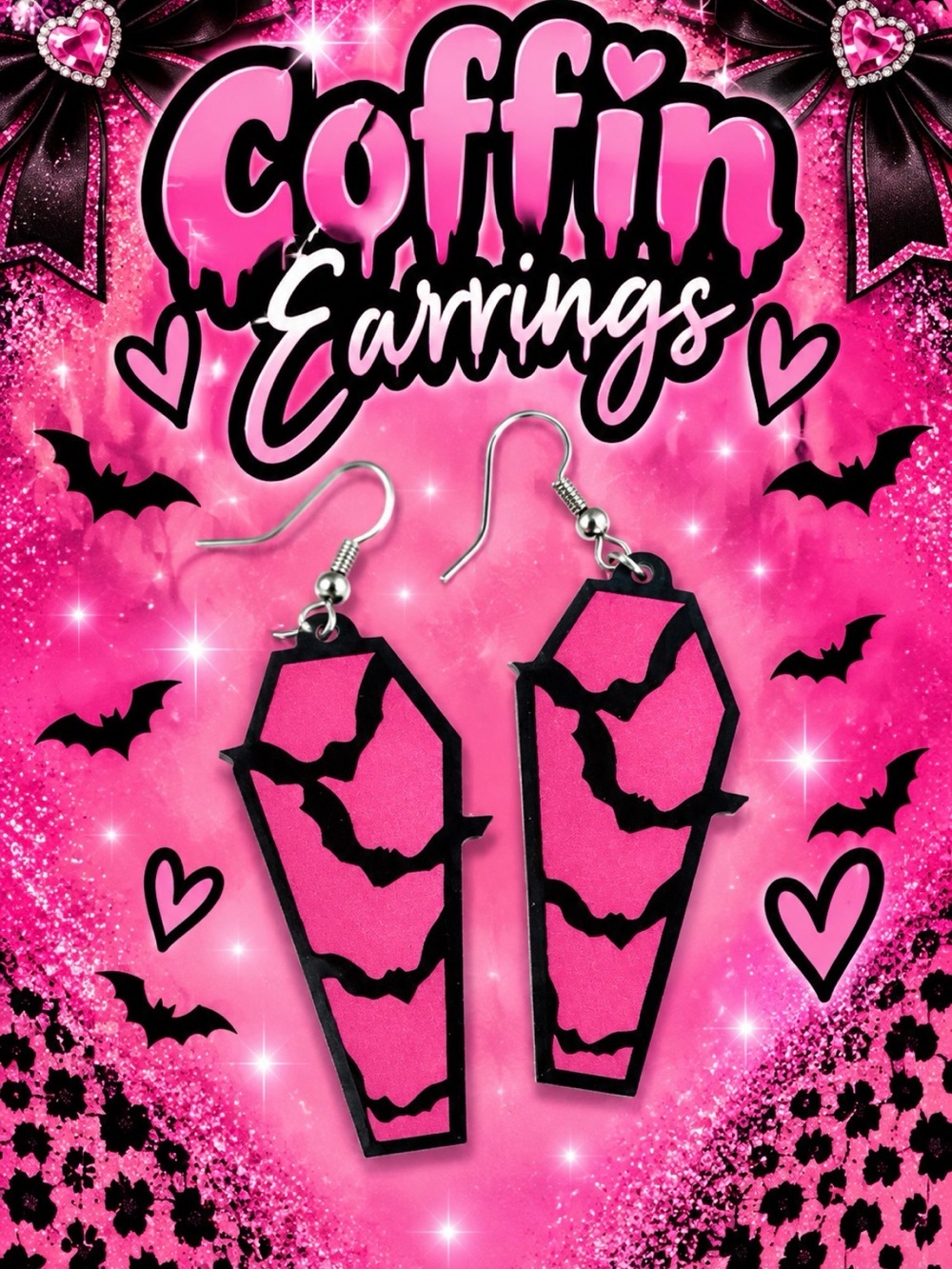 Coffin Dangle Earrings with Bat Accent - Pink